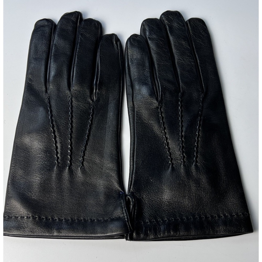 Vintage Mens Black Leather Lined Dress Gloves Size 9.5 Three Stitch Detail